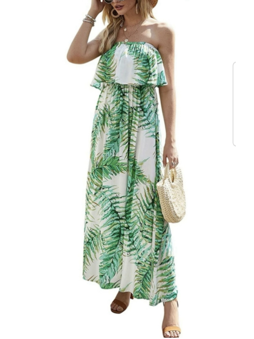 Yidarton Dress Womens Medium Green Tropical Leaf Strapless Maxi Sundress